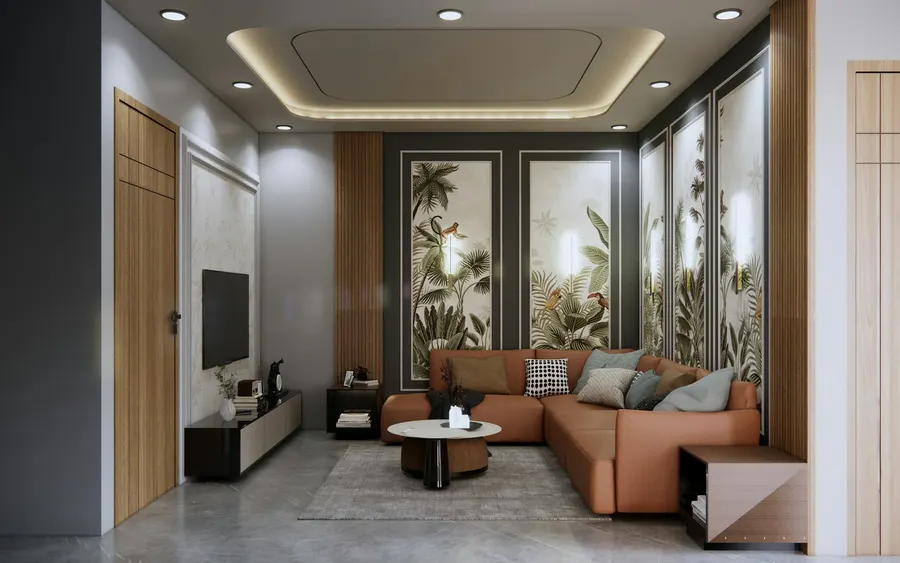 Botanical feature wall in wallpaper
