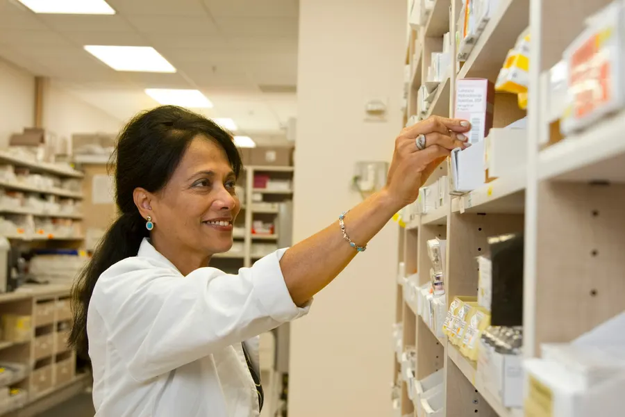 A pharmacy website showing a product catalogue, click and collect order and opening hours